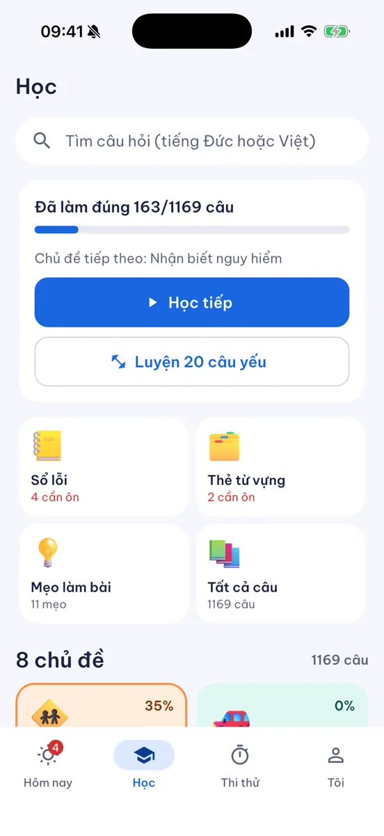 Màn Học: tiến độ, sổ lỗi, thẻ từ vựng, mẹo, 8 chủ đề