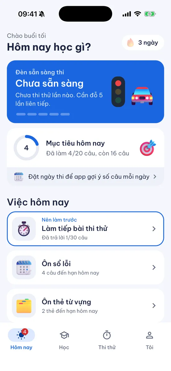 Màn Hôm nay: đèn sẵn sàng thi, mục tiêu câu mỗi ngày, việc cần làm